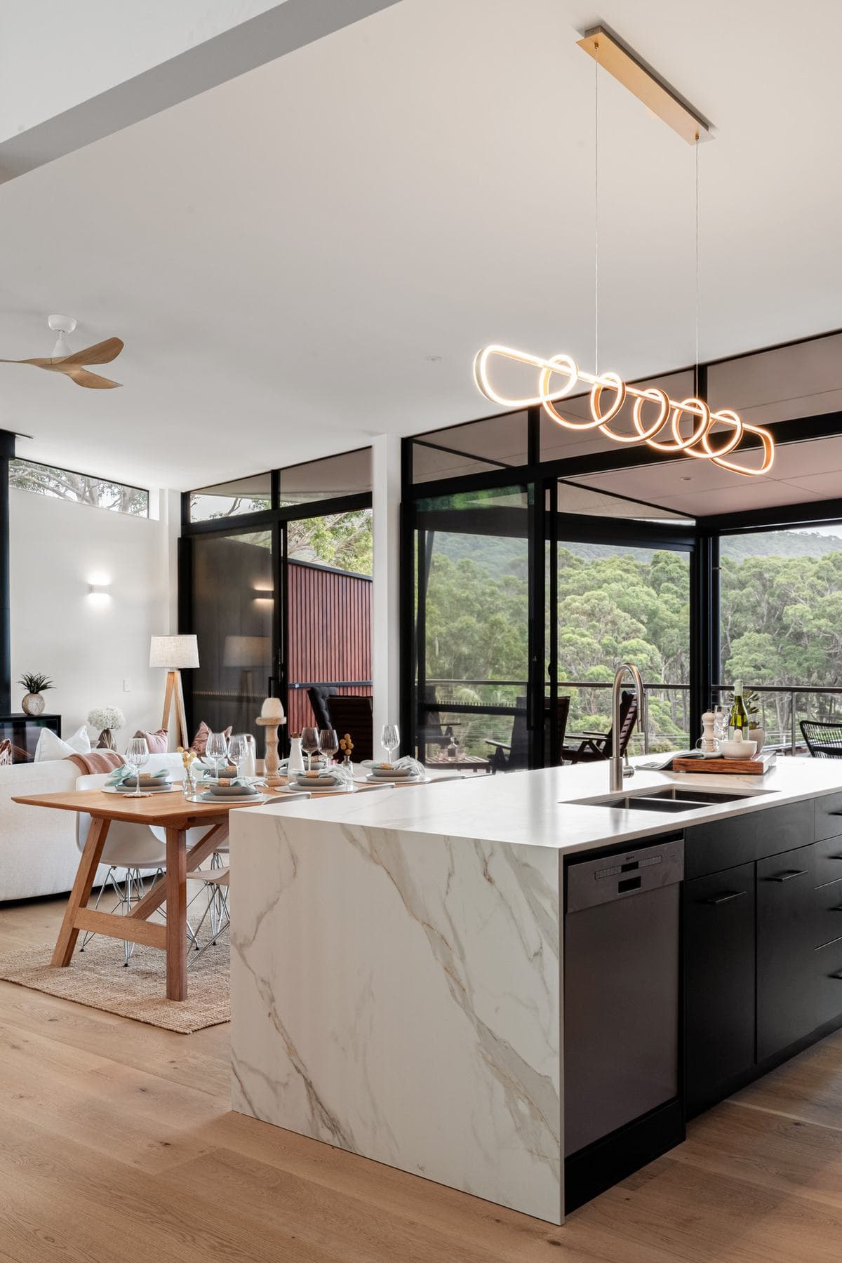 Open plan kitchen and living area in a custom new home on the NSW South Coast