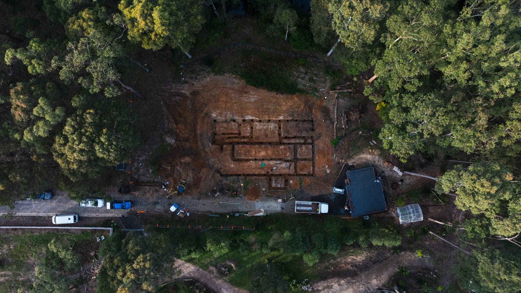 Aerial view of a new slab set-out in bushland