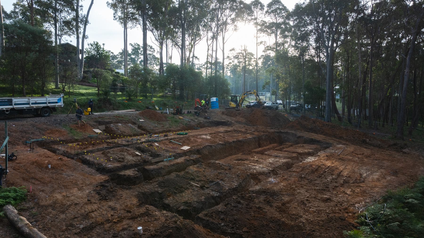 Aerial view of a bushland building site during set-out