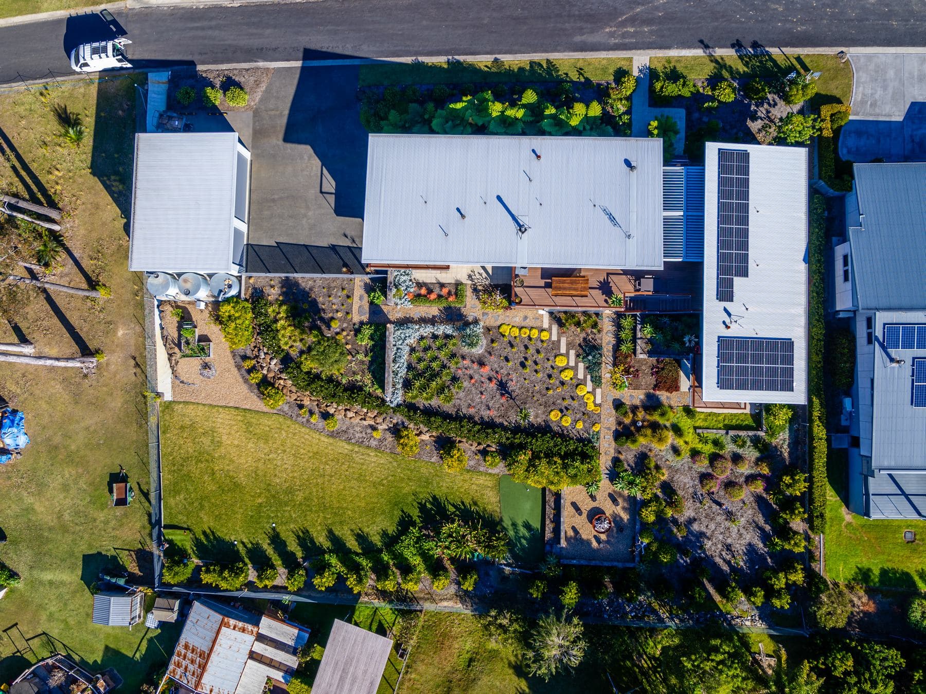 Aerial view of a solar-powered home built by Perrem on the NSW South Coast